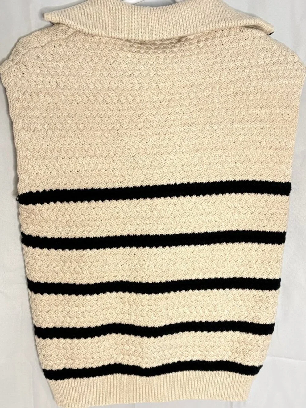 John + Jenn 100% Cotton Quarter Zip Sweater Vest Cream Black Stripe Size Medium